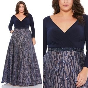 Mac Duggal 24W Vneck Jersey Knit Top Sequin Skirt Midnight Navy 67765 Dress